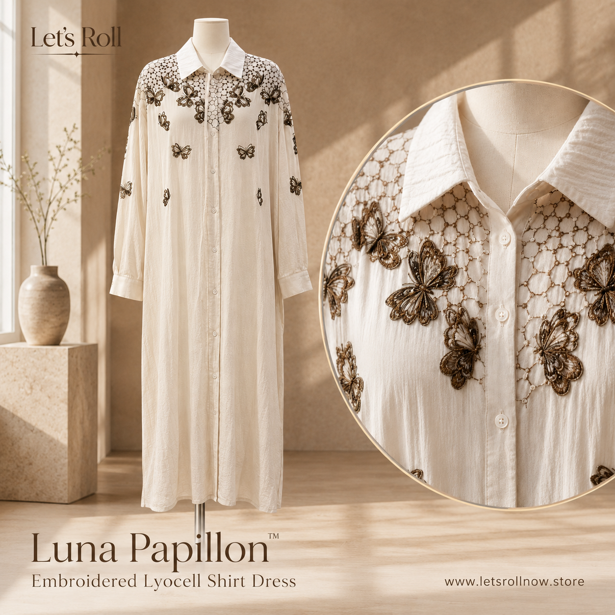 Luna Papillo Embroidered Lyocell Shirt Dress