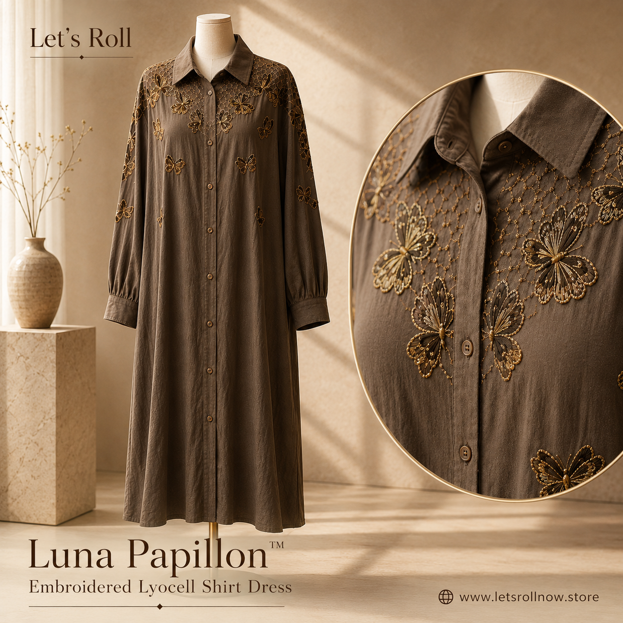 Luna Papillo Embroidered Lyocell Shirt Dress