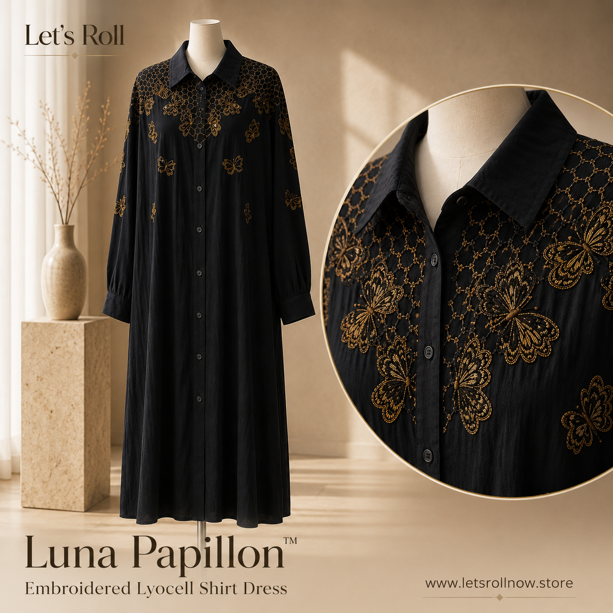 Luna Papillo Embroidered Lyocell Shirt Dress