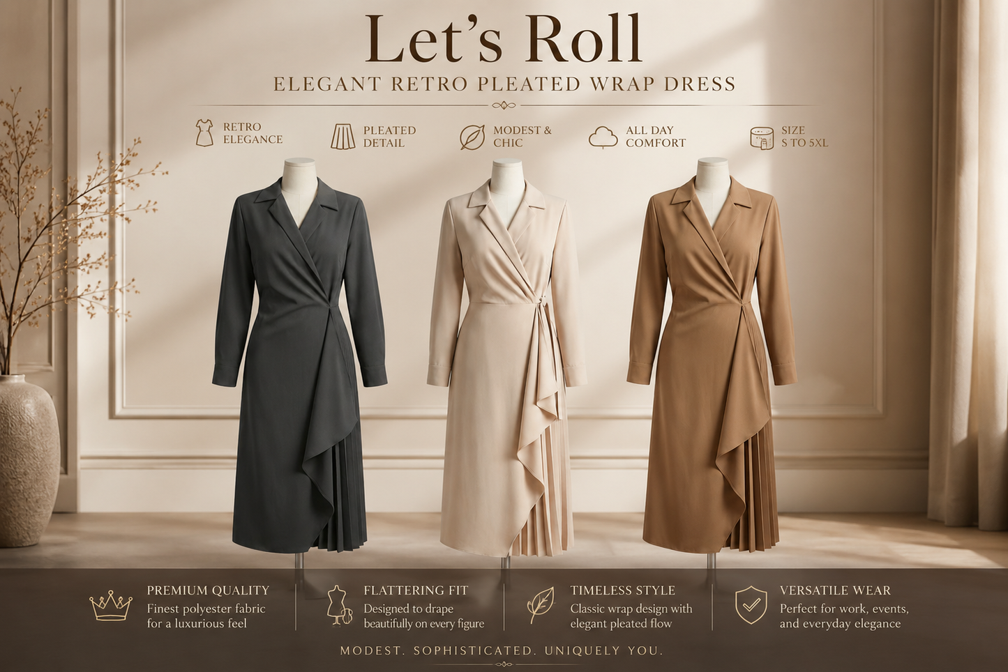 LetsRoll Elegant Retro Pleated Wrap Dress