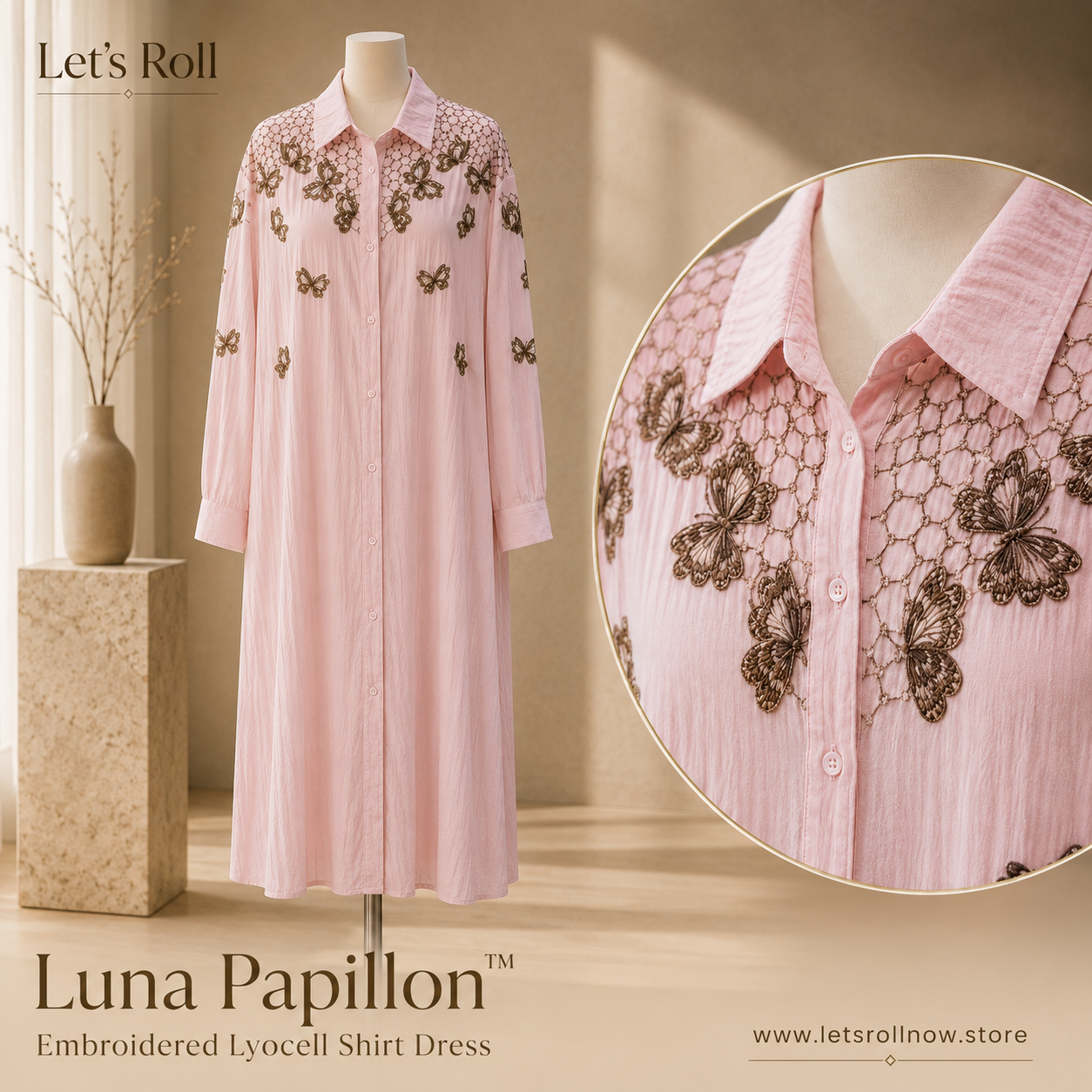 Luna Papillo Embroidered Lyocell Shirt Dress