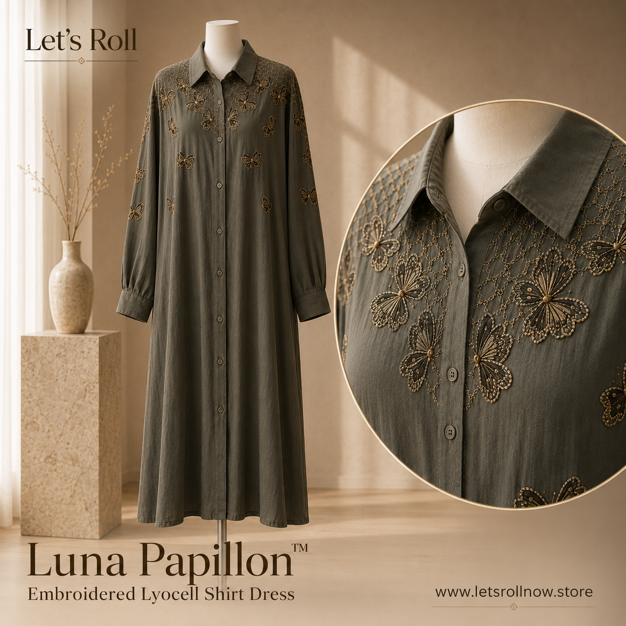 Luna Papillo Embroidered Lyocell Shirt Dress