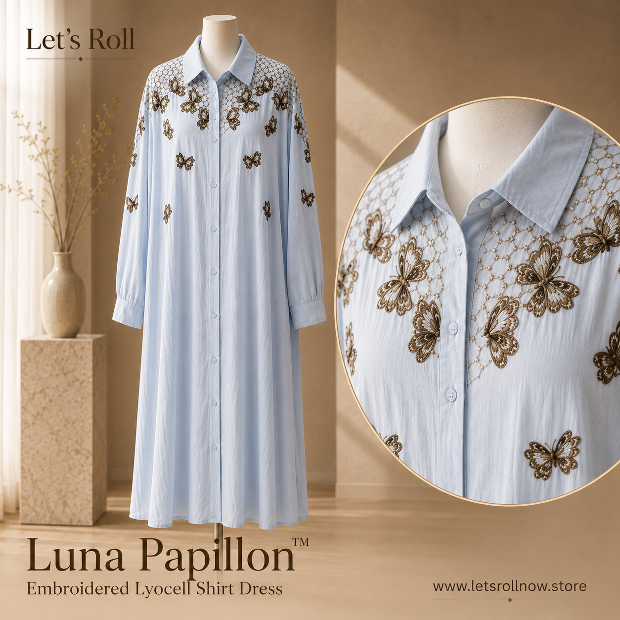 Luna Papillo Embroidered Lyocell Shirt Dress