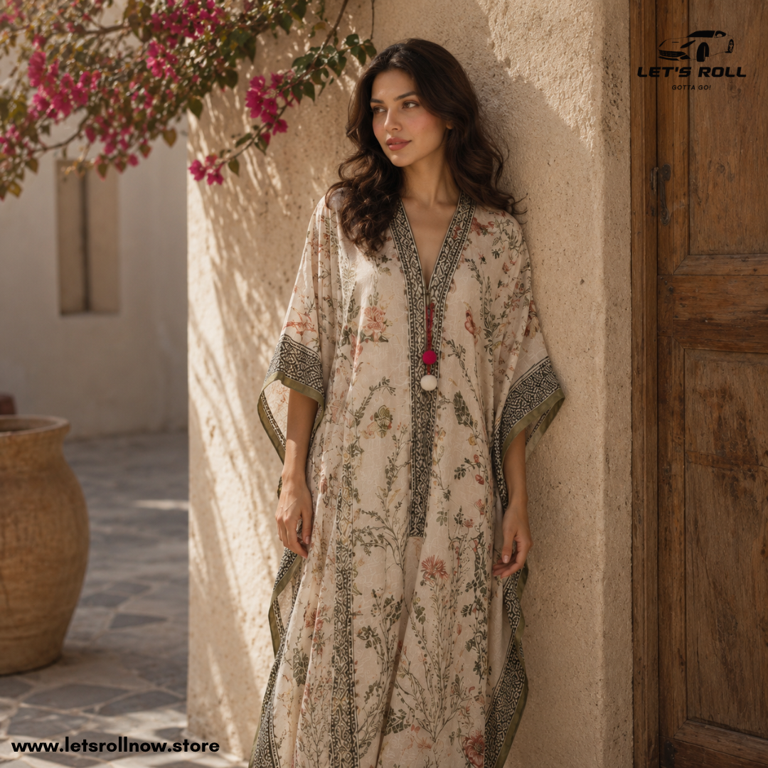 Riviera Luxe Botanical Kaftan Maxi Dress – Premium Resort Wear