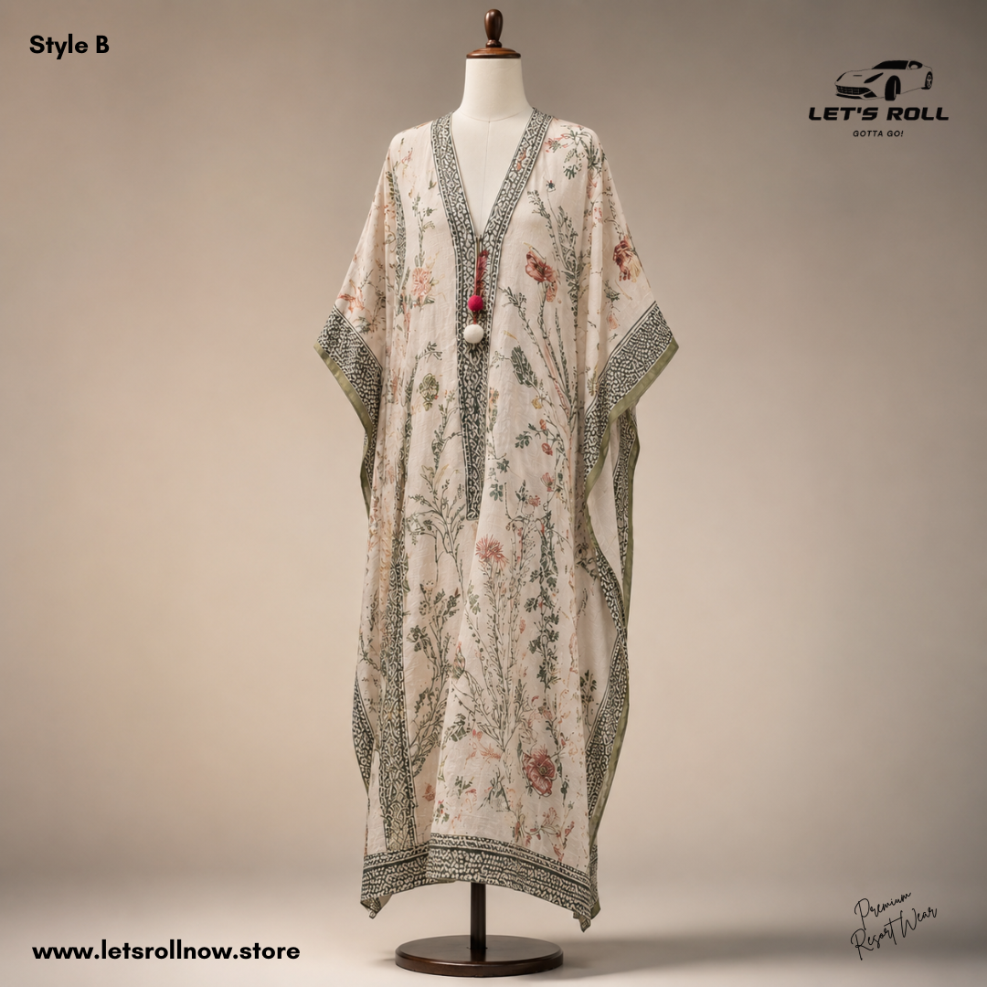 Riviera Luxe Botanical Kaftan Maxi Dress – Premium Resort Wear