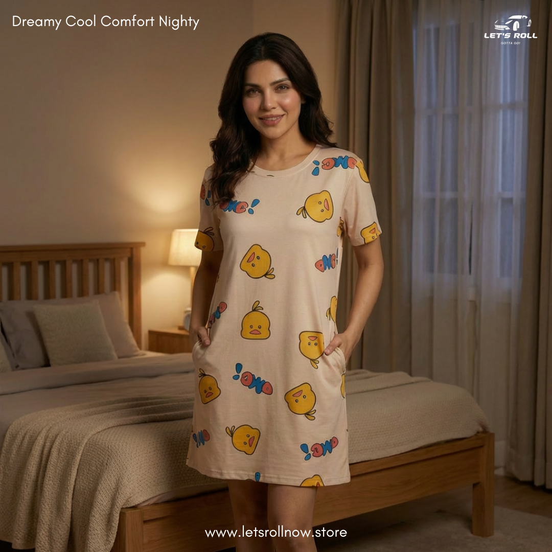 LetsRoll Dreamy Cool Comfort Nighty – লুজ ফিট কার্টুন হোম ড্রেস