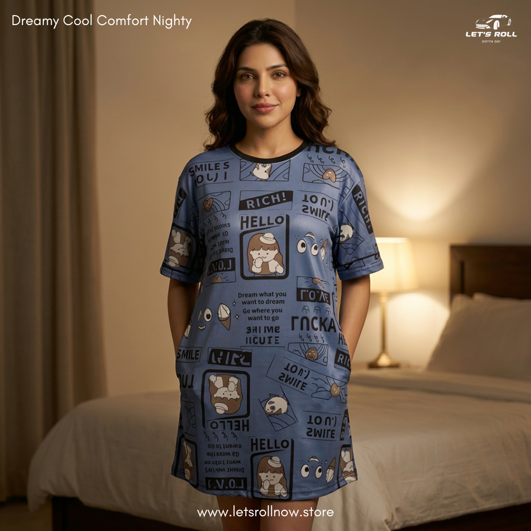 LetsRoll Dreamy Cool Comfort Nighty – লুজ ফিট কার্টুন হোম ড্রেস