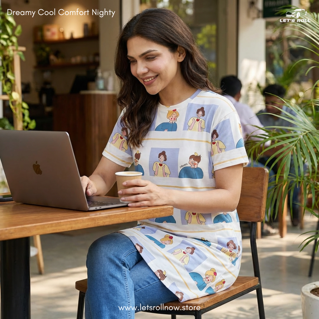 LetsRoll Dreamy Cool Comfort Nighty – লুজ ফিট কার্টুন হোম ড্রেস