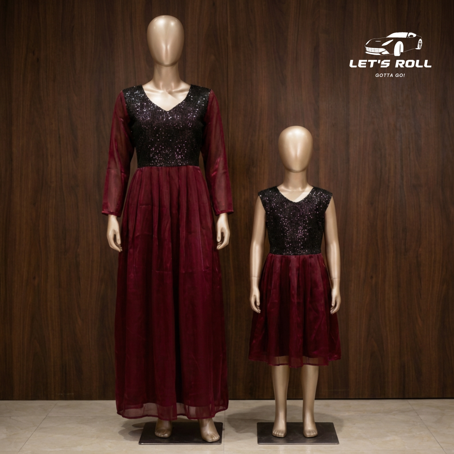 Premium Mother–Daughter Party Dress Set | এলিগ্যান্ট পাকিস্তানি অর্গানজা ব্ল্যাক সিকুইন্স মা-মেয়ে কম্বো ওয়্যার